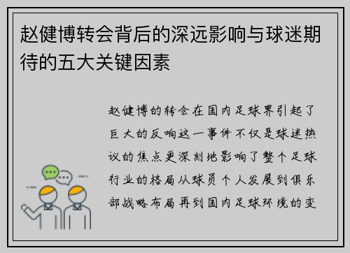 赵健博转会背后的深远影响与球迷期待的五大关键因素